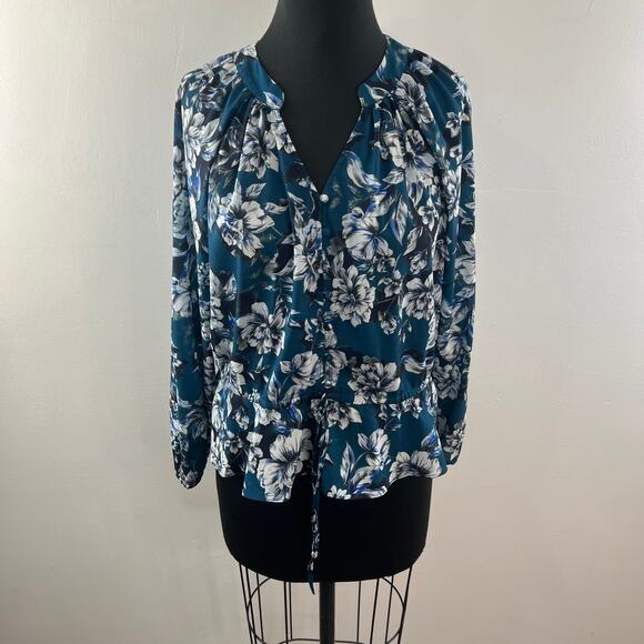 PARKER Blue White Top Floral Puff Sleeve Pleated Drawstring Split Neck Size XS - Picture 2 of 10